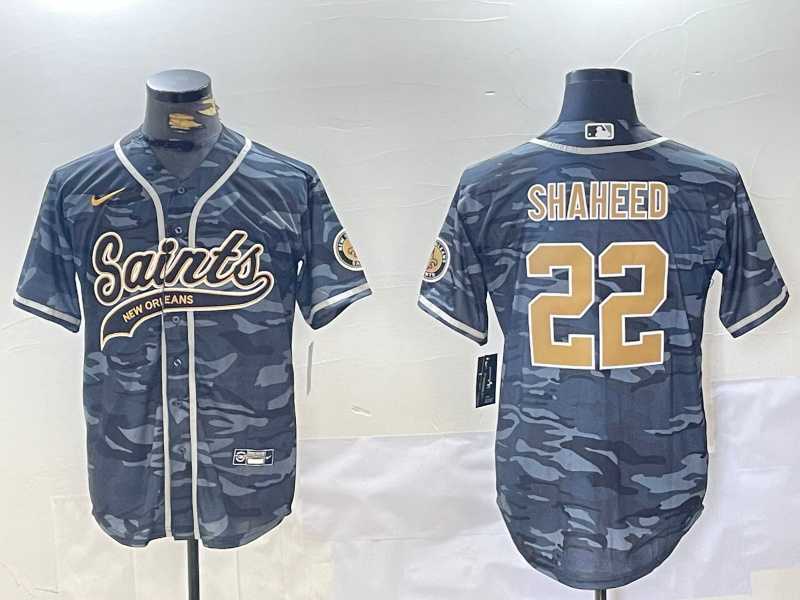 Mens New Orleans Saints #22 Rashid Shaheed Grey Camo With Patch Cool Base Stitched Baseball Jersey